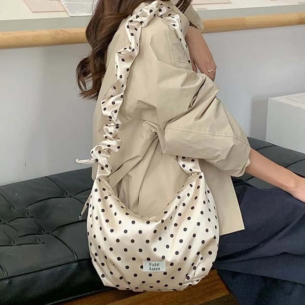 Lustrous Satin Polka Dot Bag Voluminous Silky-smooth Ruffle Strap Crossbody Bag Eye-catching High-density Cloud Dumpling Purse