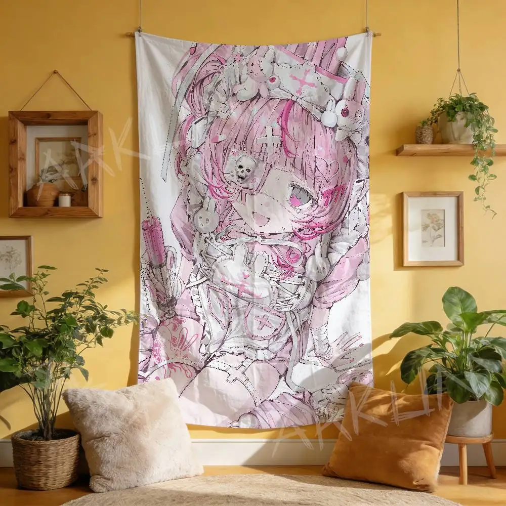 Cute Hot Pale Pink Anime Girl Wall Tapestry, Long Hair Pastel Kawaii Maiden Aesthetic Background Y2K Decor Gift