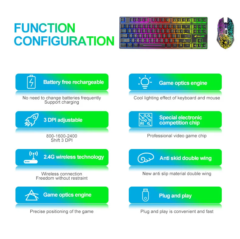 RGB 2.4G Wireless Keyboard and Mouse Protable LED Backlight 87 Keyboard 2400DPI Mouse Gamer Kit For Laptop Desktop PC Computer