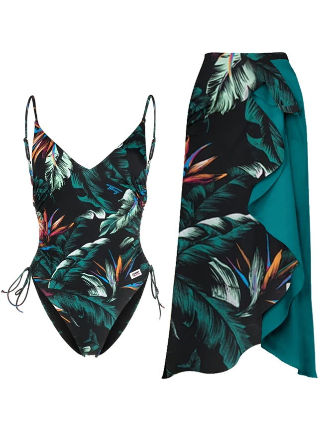 

Vintage Green Leaf Print Suspender Strap Fashion Fresh 2023 Women's New One-piece Swimsuit Bikini And Cover Up