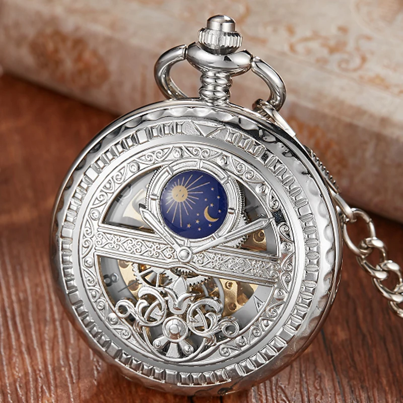 Hand-WInd Mechanical Pocket Watch Vintage Hollow Blue Moon Star Steampunk Skeleton Watch Roman Numerals Clock With Fob Chain