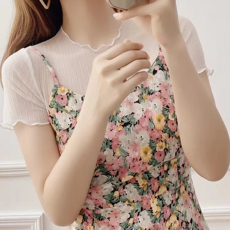 

Lace Trim Short Sleeve T-Shirt Women's Summer Camisole Underdress Net Gown round Neckline Slim Fit Inner Wear Base Shirt