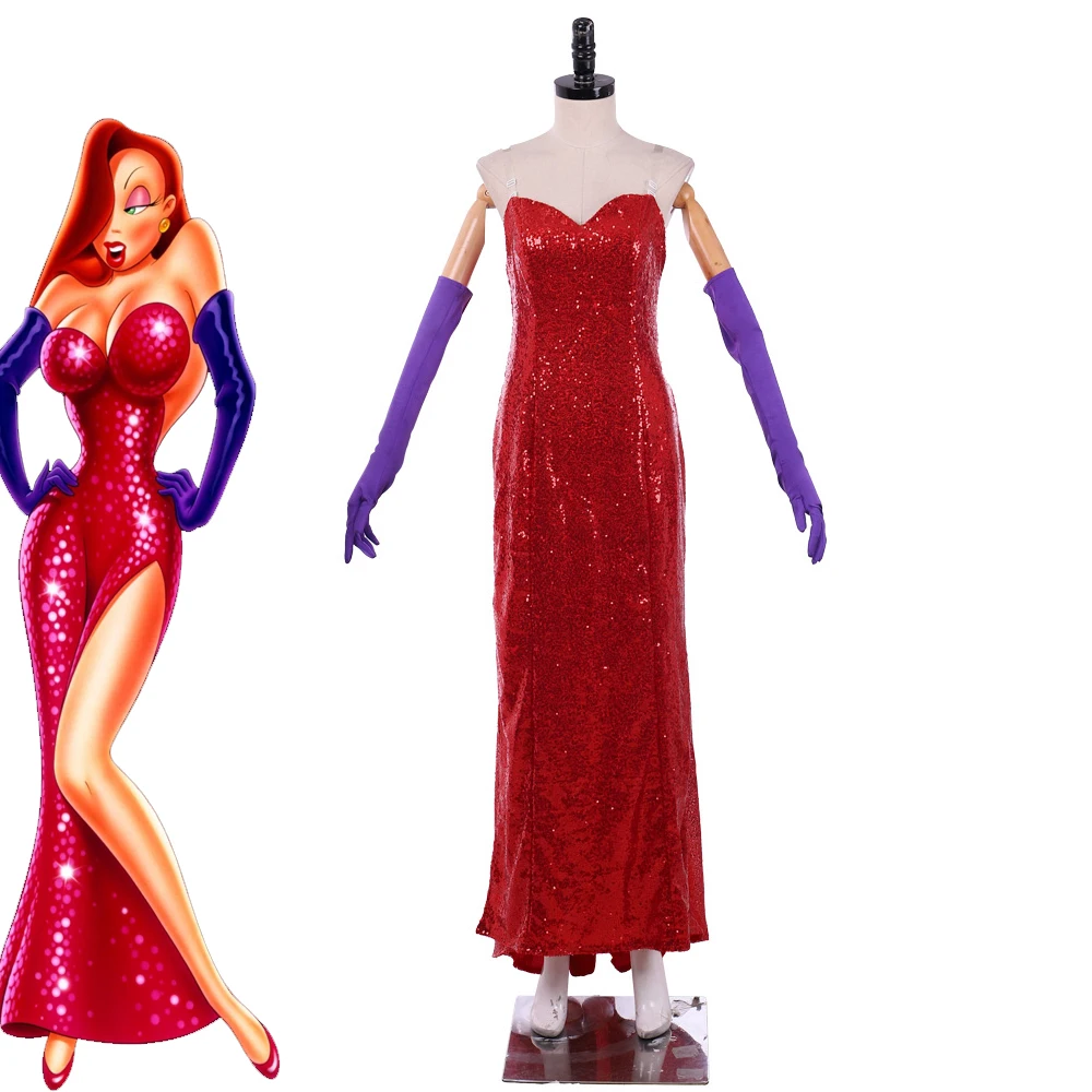 

Who Framed Roger Rabbit Jessica Cosplay Costume Women's Red Dress Belle Gown Halloween Carnival Party Outfits with Gloves