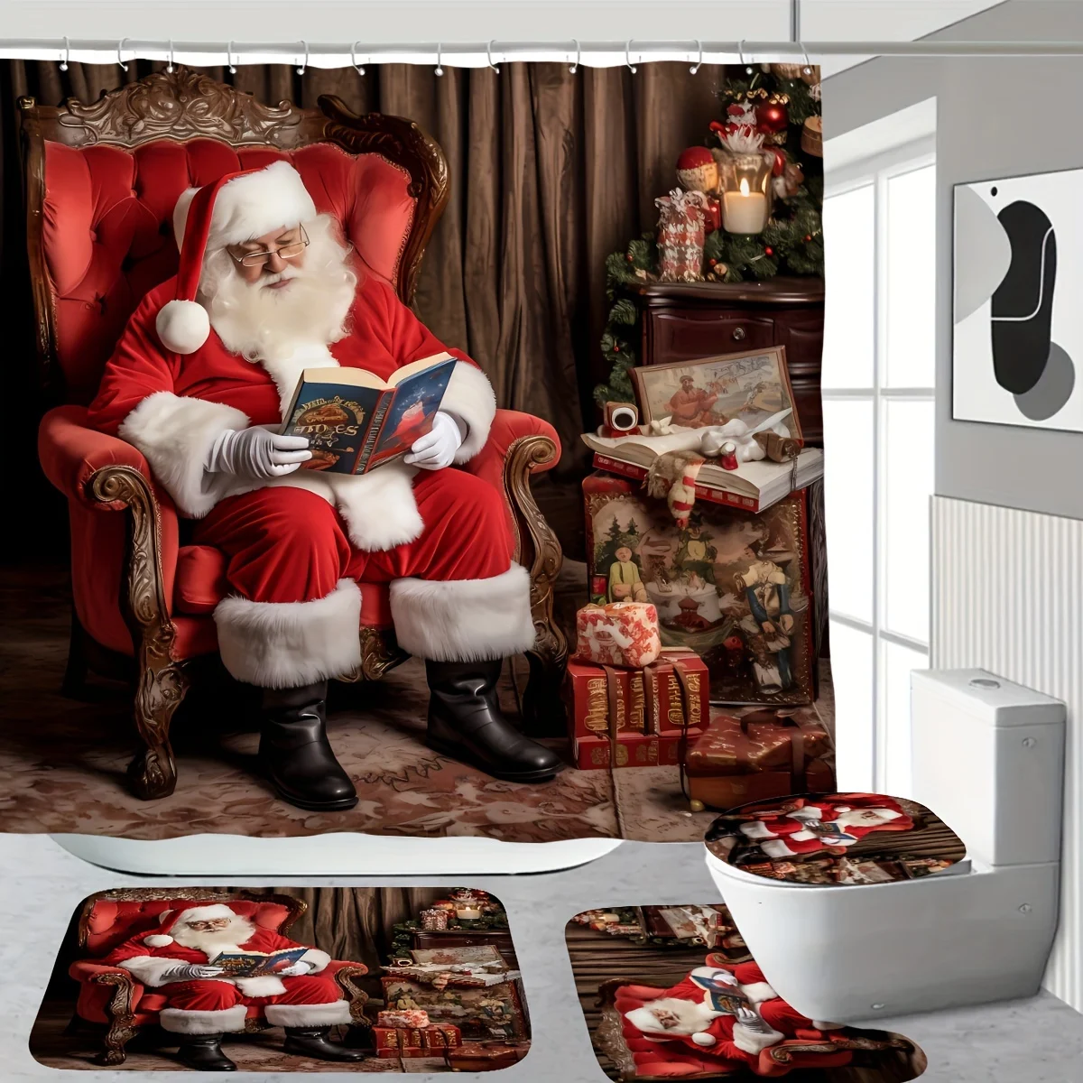 4PCS Christmas Shower Set – Santa Print, 12 Hooks, Non-Slip Mat & Toilet Seat Cover – Home Bathroom Decor