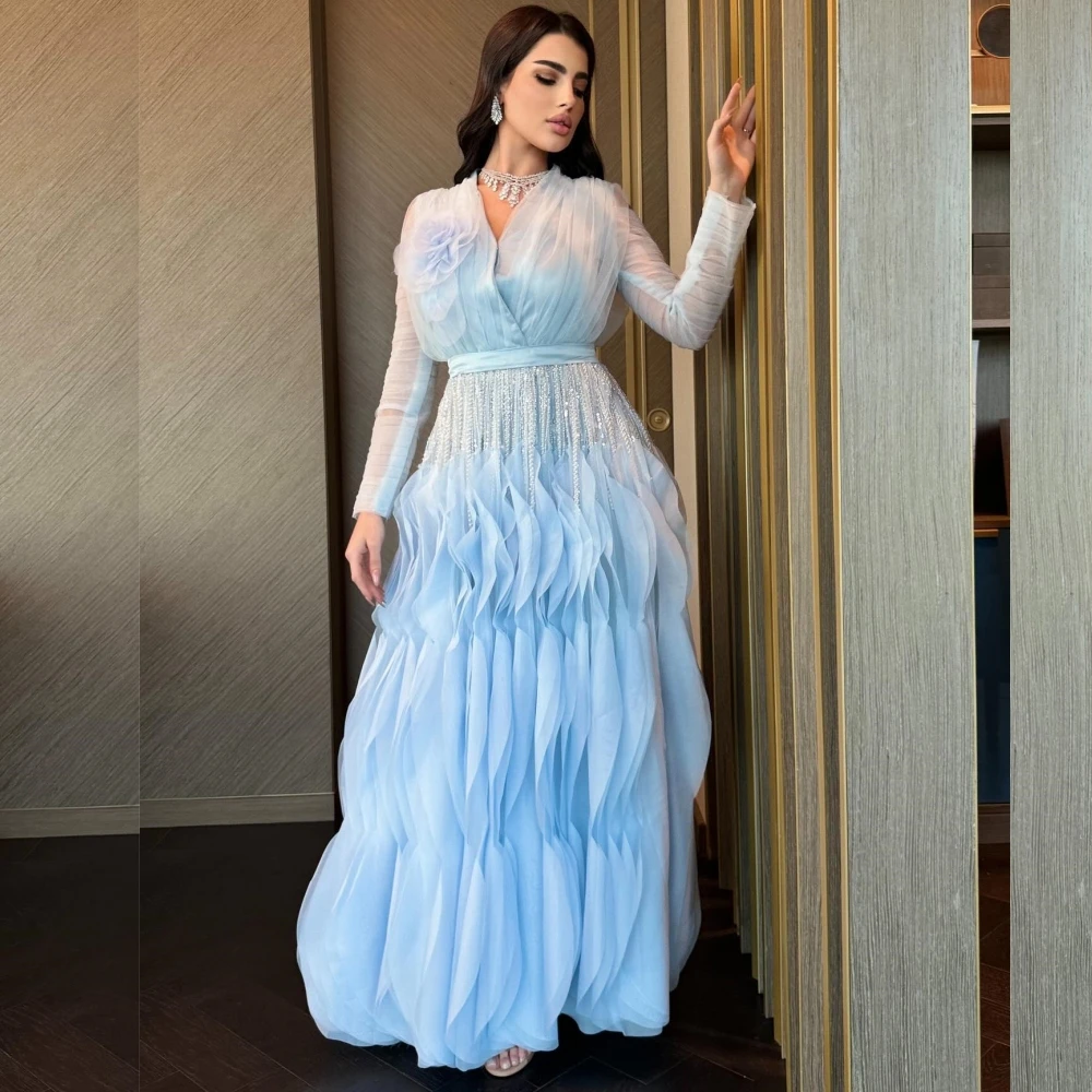 Intricate Chiffon Sequined Tiered Flower Beading Ruched A-line V-neck Midi Dresses Prom Dresses Matching Classic Exquisite