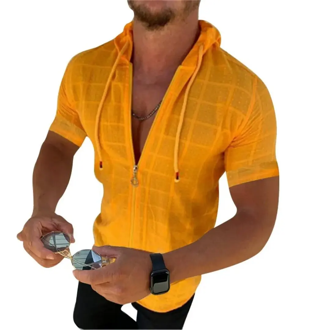2026 summer new fashion plaid zipper sleeveless hooded cardigan T-shirt men's slim sports breathable fitness top - Image 5