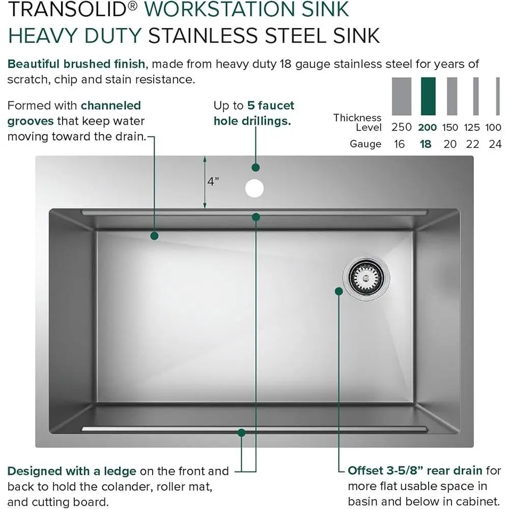 Fregadero de cocina de estación de trabajo empotrado de acero inoxidable de calibre 18 con accesorios de un solo cuenco que incluyen tabla de cortar colador de rejilla