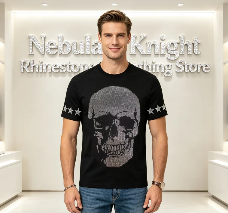 Men's Summer Rhinestone Cotton T-Shirt Short Sleeve Soft round Neck Casual Daily Walking Top
