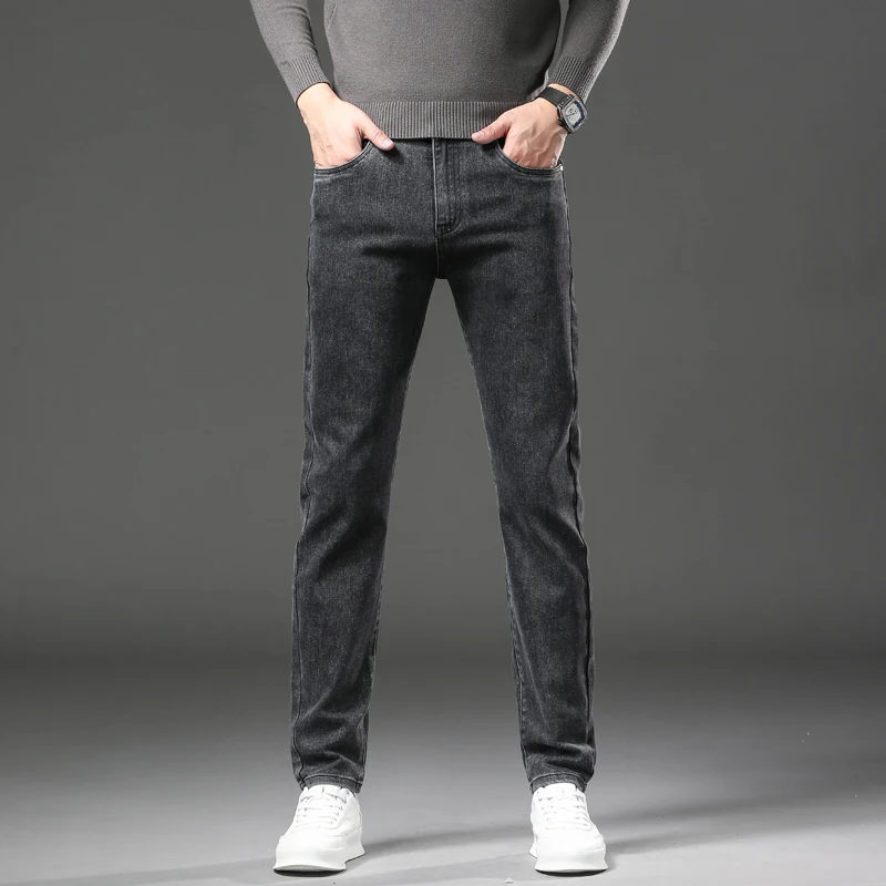 Осень 2024, новые мужские эластичные джинсы, модные корейские тонкие прямые джинсовые брюки, высококачественные деловые повседневные молодежные брюки