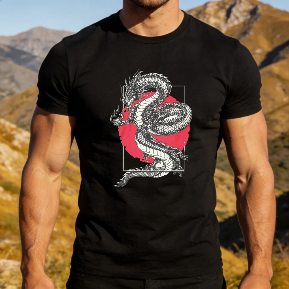Japanese Dragon Graphic T-Shirt Ukiyo-E Inspired Style Tee White Dragon Red Sun Print Shirt Oriental Streetwear Men Unisex Tops