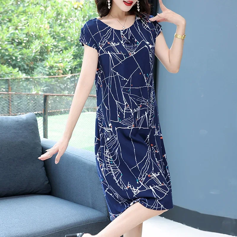 Vintage Summer Dress Cotton Korean Fashion 2023 New Women Dress for Mother Short Sleeve O-Neck Casual Everyday Dress Elegant