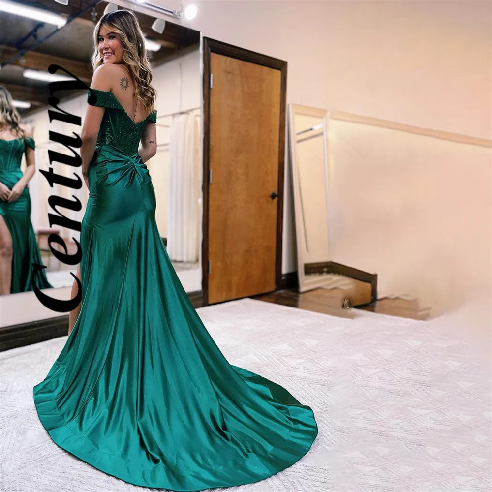 Sexy Off The Shoulder Evening Dresses For Women Satin Customzied Beading Celebrity Dress High Slit Mermaid Women's Evening Dress