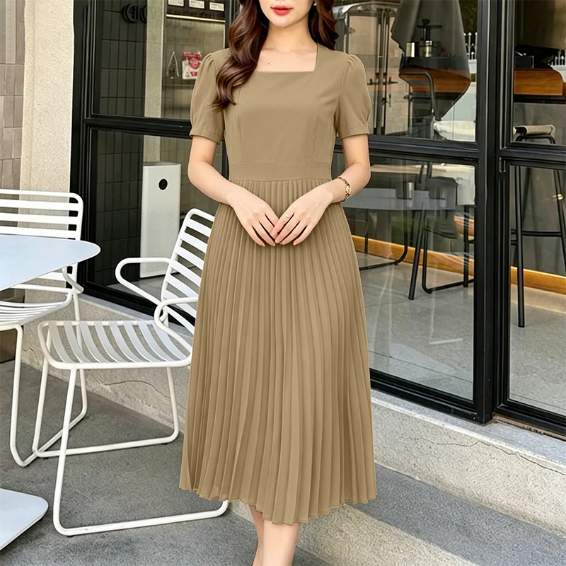 2026 ZANZEA Stilvolles A-Linien-Plissee-Kleid Sommerkleid Damen Quadratischer Ausschnitt Kurzarm Arbeitskleid Einfarbiges Urlaubskleid Robe Vestidos