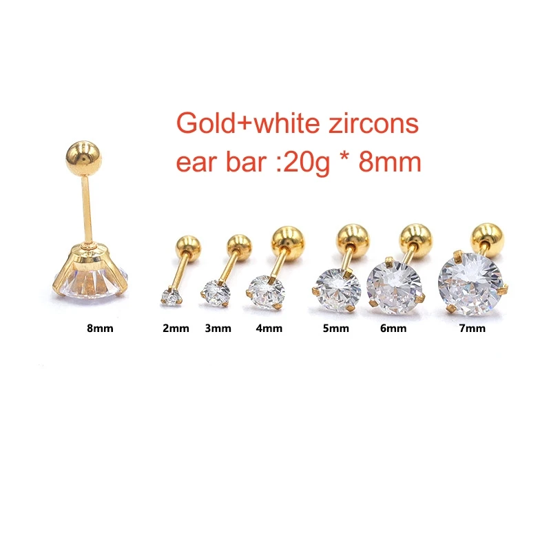 Meerblau 1 Paar 8mm Lange Stabnadel 20G Mehrere Größen Edelstahl Ohrstecker mit Schraubverschluss Klassische Runde Zirkonia-Steckerohrringe – Detail 1
