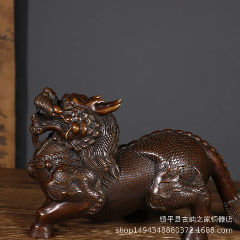 Pure Copper Antique Retro Distressed Ornament Brass Auspicious Beast Qilin Office Living Room Shop Decoration