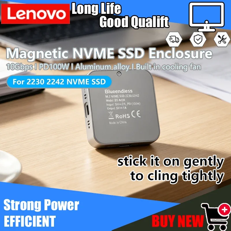 

Lenovo Magnetic M.2 NVMe SSD Enclosure (2230/2242), Built-in Cooling Fan, 100W PD Fast Charging Type-C for IPhone & Mac Devices