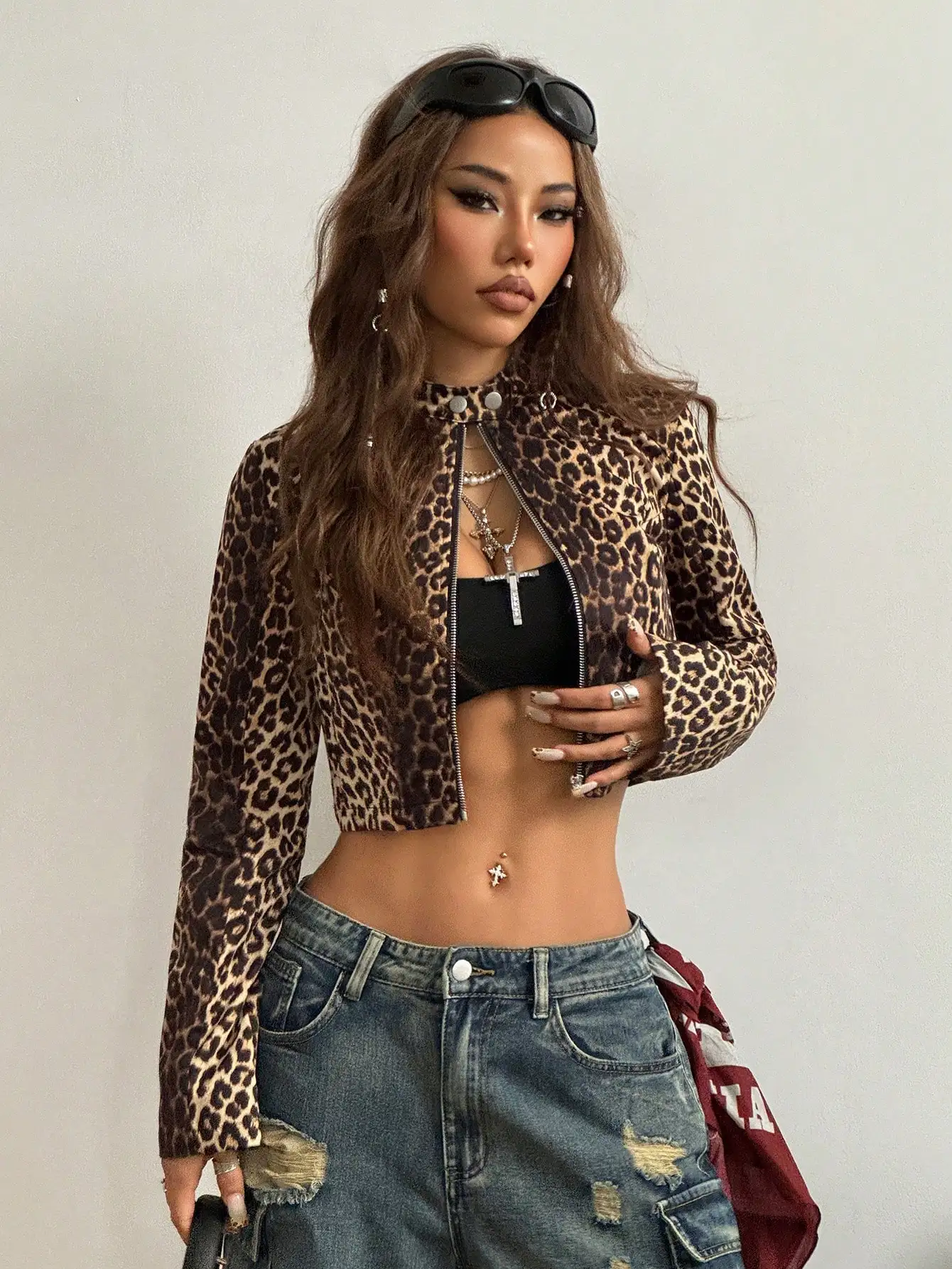 

BWQ Women's Fall/Winter Concert Outfit Streetwear Y2K Casual Old Money Cheetah Print Graphics Fitted Crop Jacket