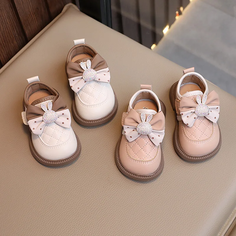 Girls Leather Shoes Sweet Rabbit Bowtie Children's Flats Spring Autumn Elegant Kid Causal Princess Wedding Mary Jane Shoes Soft