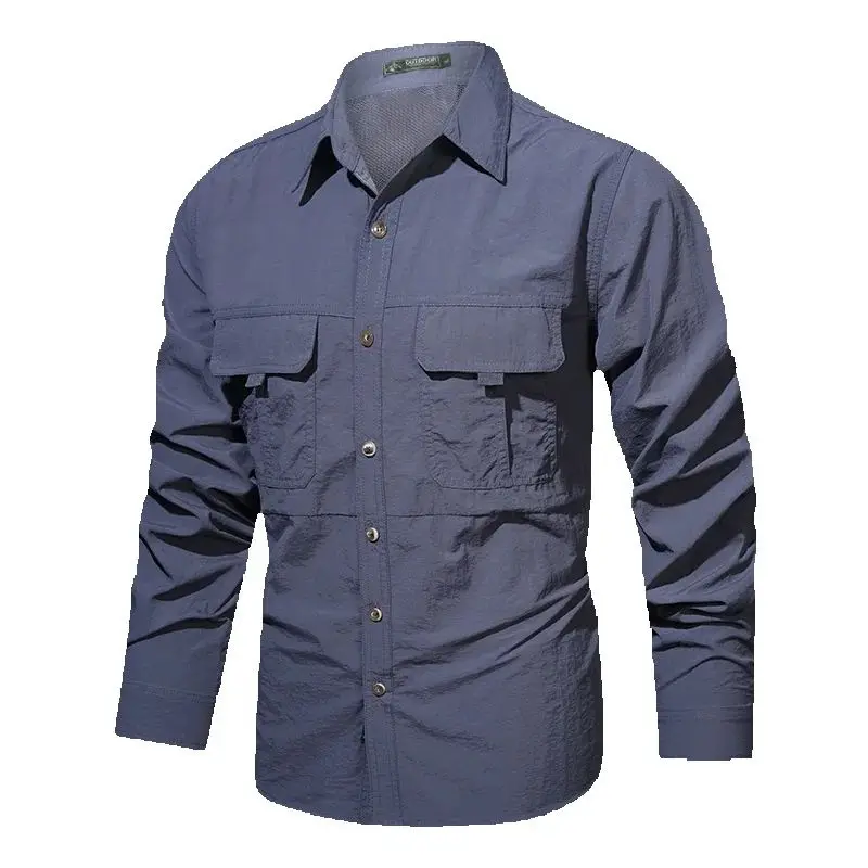 Men Long-Sleeved Shirts Summer Solid Color Stand-Up Collar Casual Beach Style Plus Size Male Shirts Military Tactical Shirt