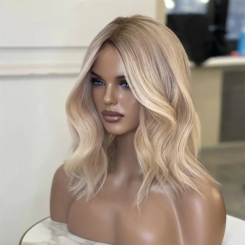 Peruca de cabelo humano colorido para mulheres, Ash Blonde Highlights, Short Bob, Straight Lace Frontal Wig, Platinum Glueless Wigs, Venda, 13x4