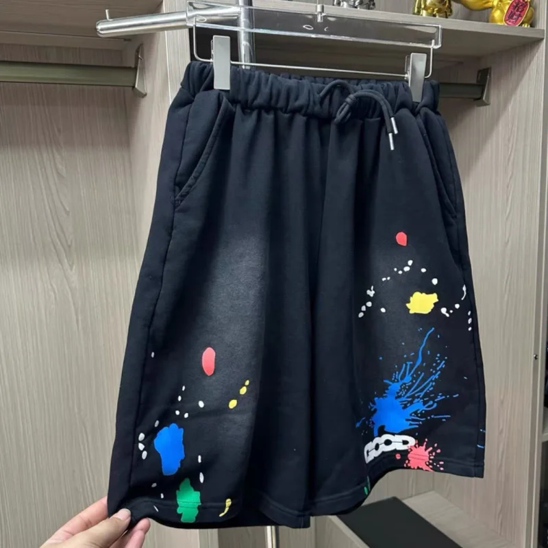 

Модные уличные шорты Goodbrand, потертые серые, разноцветные, с брызгами чернил, с буквенным логотипом, шорты на шнурке, мужские и женские повседневные брюки