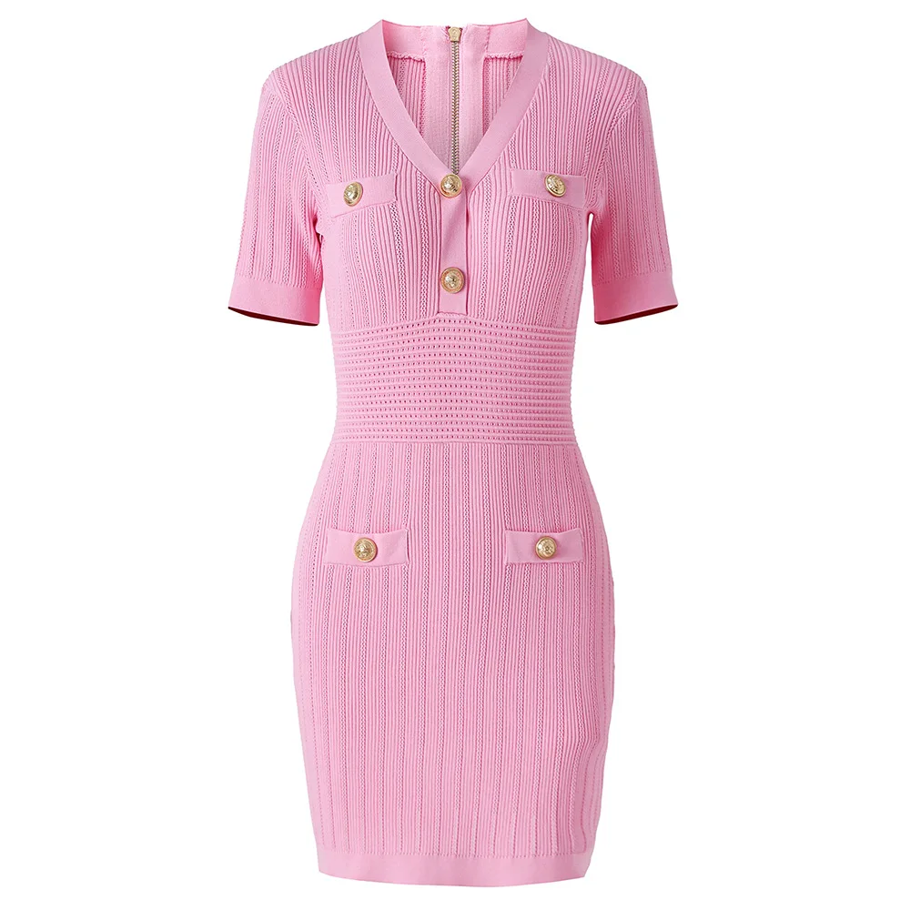 

High Quality Elegant Gold Buttons Mini Dress Summer Women V Neck Short Sleeves Wrap Hips Dresses for Women Pink Knit Vistidos