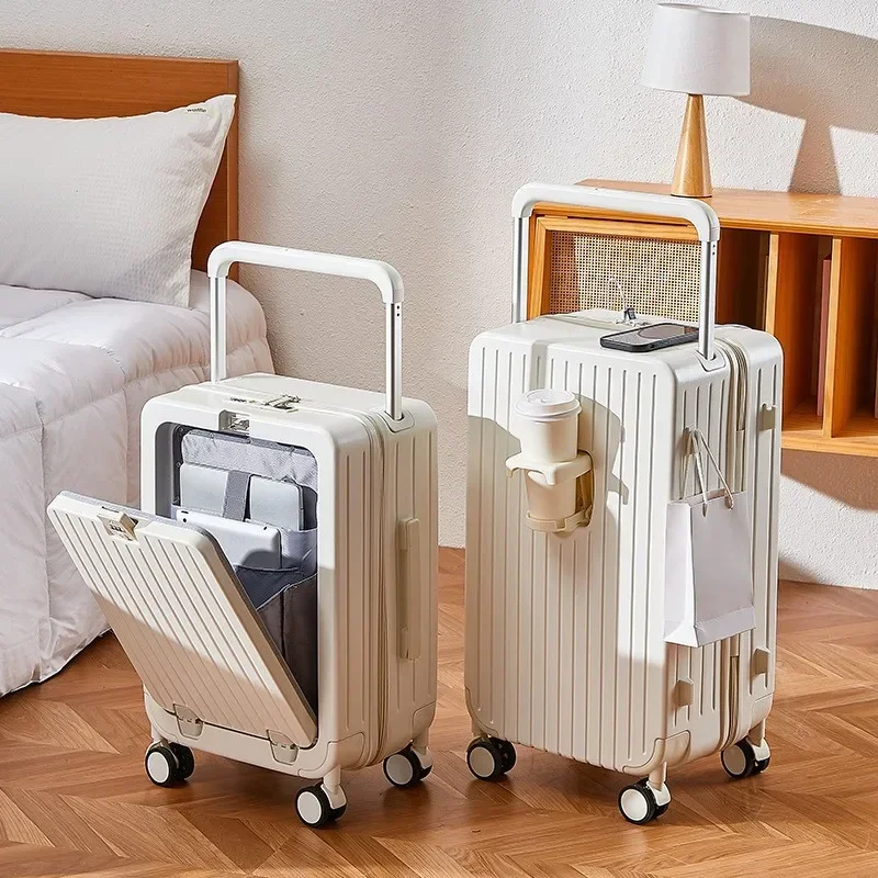 New Wide Handle Front Opening Suitcase Travel Bags Rolling Luggage USB Cup Holder Cabin Suitcases Carry-on Password Trolley Case