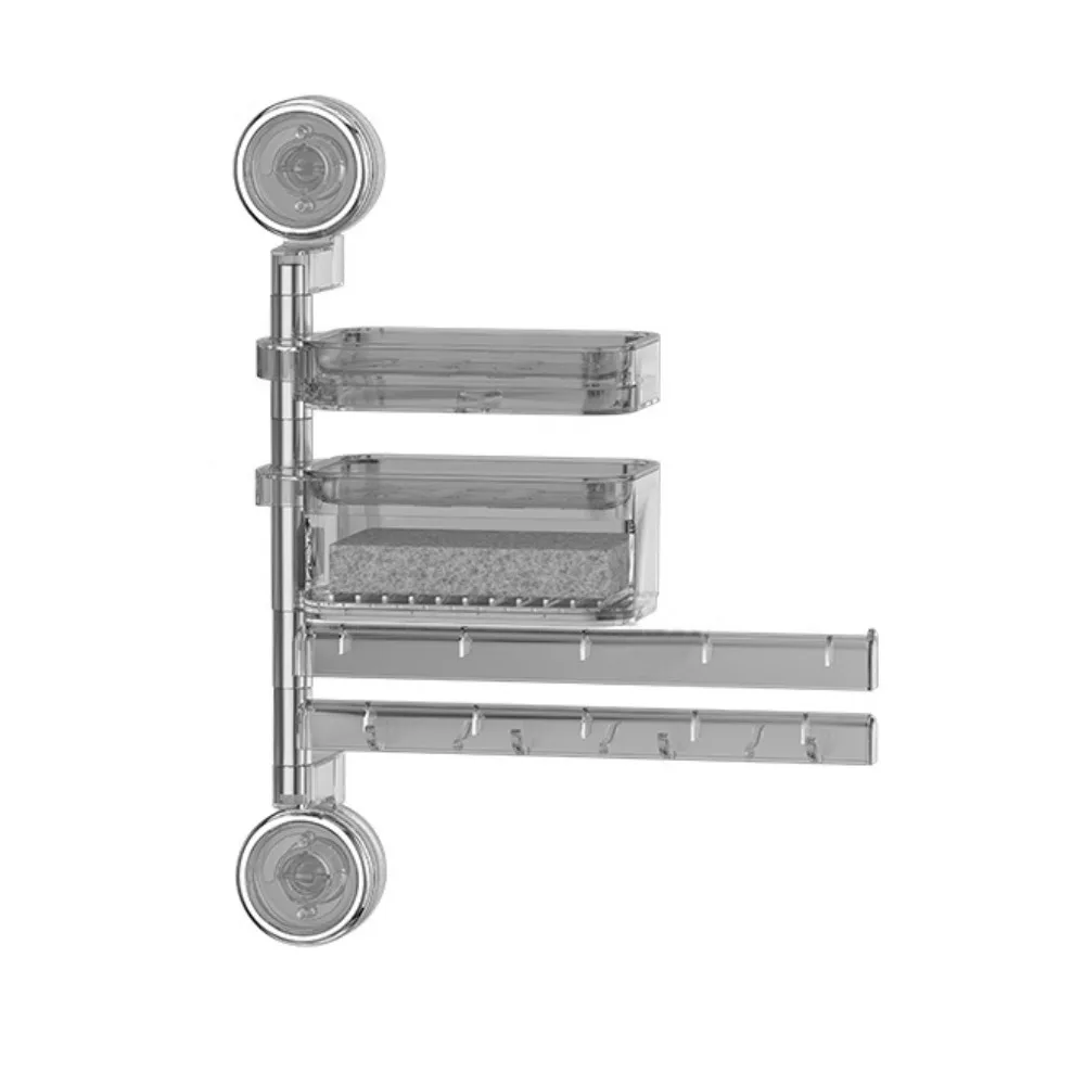 

4 Layer Bathroom Towel Rack Suction Up No Punching Soap Holder Shelves with Hook 180 Degree Rotation