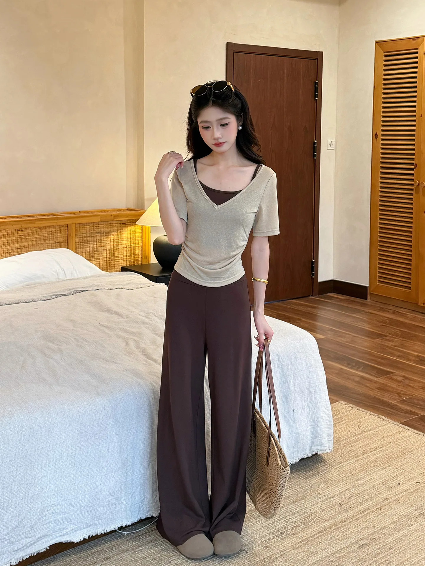

Slimming Effect Summer Casual Style Short Sleeve Long Pants Fashion Set High Waist Breathable Lightweight V-Neck Vest Top