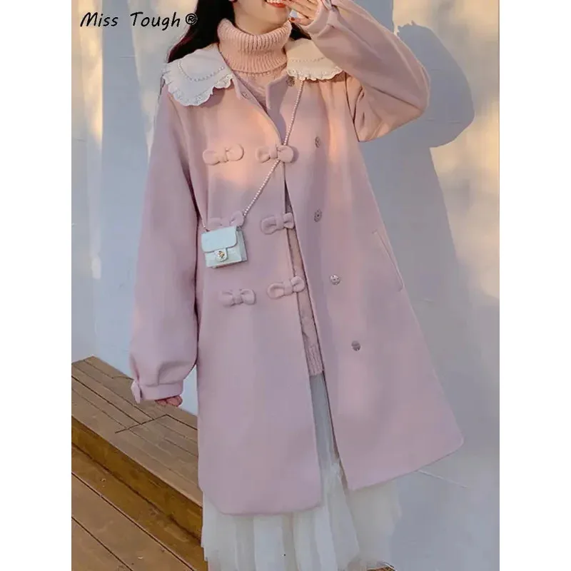 Pink Kawaii Warm Wool Coat Winter Women Bow Sweet Long Outwear Jackets Female Korean Fashion Designer Thick Overcoat 2024 N NM33 view 6
