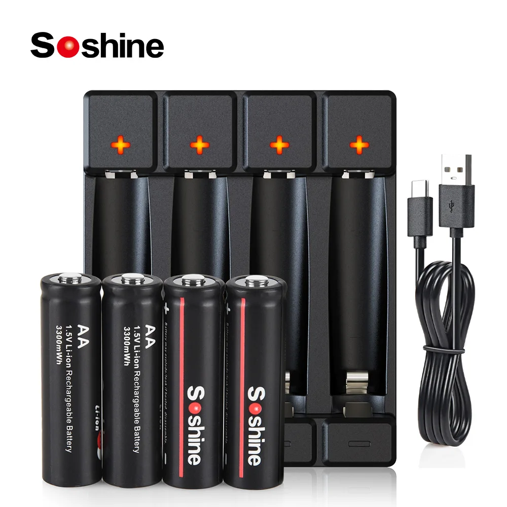 Soshine 1.5V Lithium Li-ion Battery AA Lithium Rechargeable Battery with Charger 3300mwh AA Batteries for Remote Control Camera