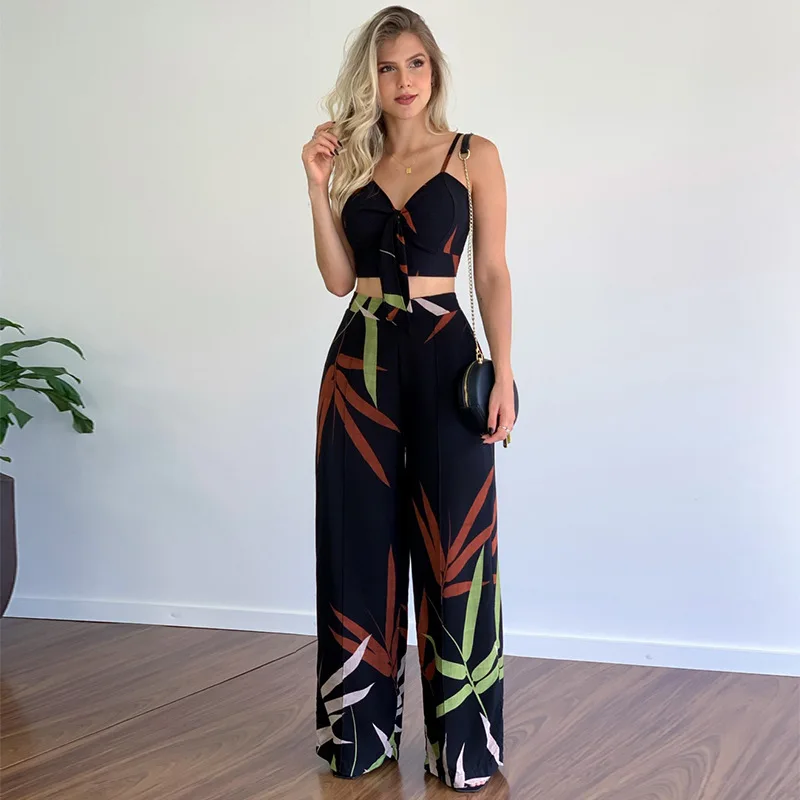 Women\'s 2023 New Linen Imitation Casual Suit V-neck Short Vest High-waist Printed Wide Leg Pants Two-piece Set