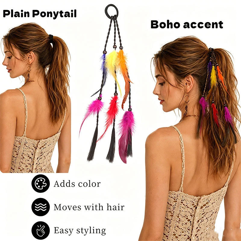 Women Lady Girls Handmade Bohemia Hair Rope Head Wrap Hair Band Headbands Elastics Feather Hair Tie Ponytail Holders Hair Access view 2