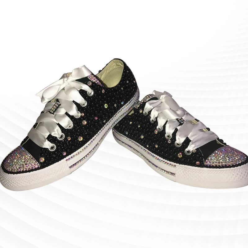 Fashionable black pearl rhinestones fashion ribbon high top canvas shoes popular comfortable casual sneakers