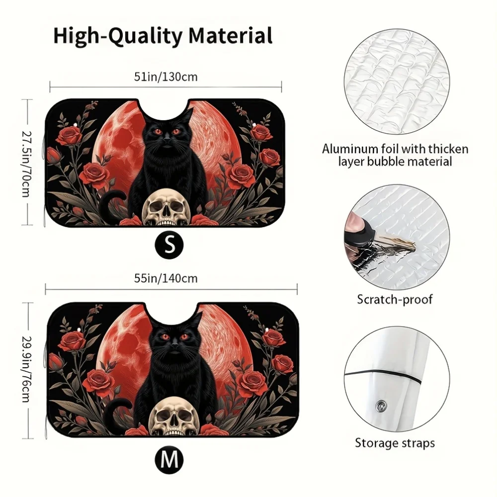 1pc Halloween Car Windshield Sun Visor - Foldable, Gothic Black Cat & Skull Design With Red Roses, Polyester Material, Perfect F