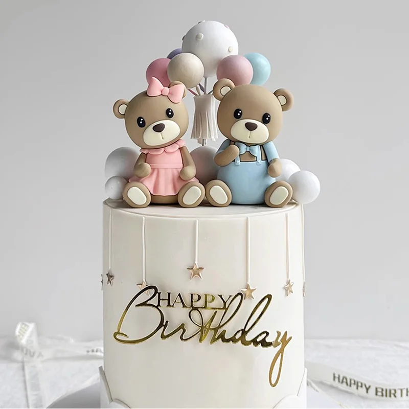 Pink & Blue 3D Bear Cake Topper with Big Rainbow Letter for Baby Shower Bear Decorations Boy Girl Happy Birthday Party Supplies image 4