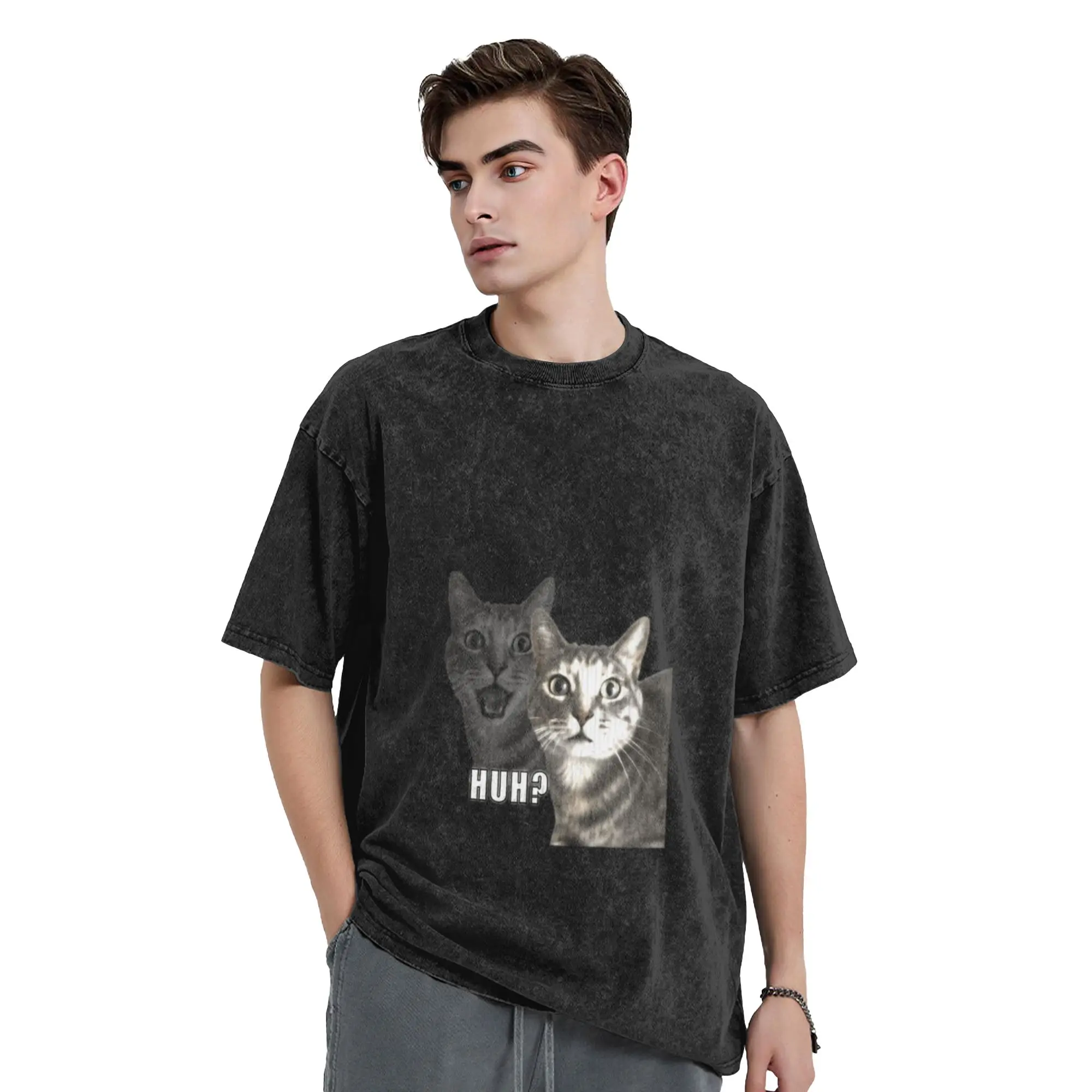 Funny Reaction Cat Huh Classic Comfort A T-Shirt Oversized Short Sleeve Men's Women's Cotton Tees Tops