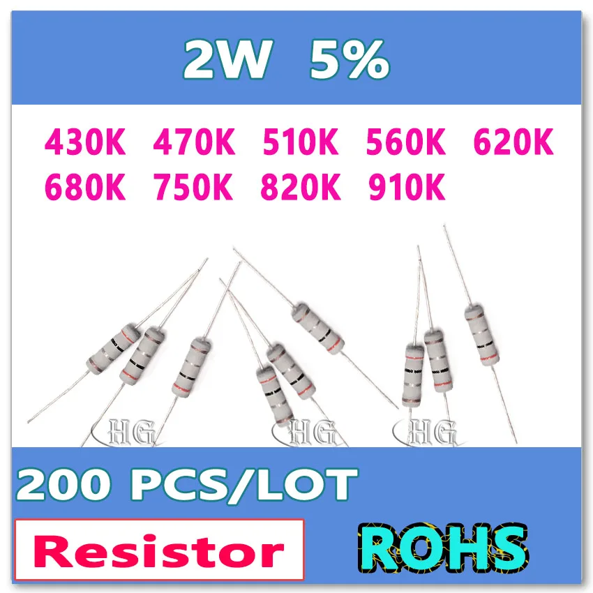 JASNPROSMA 200PCS/LOT 5% 2W 430K 470K 510K 560K 620K 680K 750K 820K 910K carbon film DIP OHM Resistor