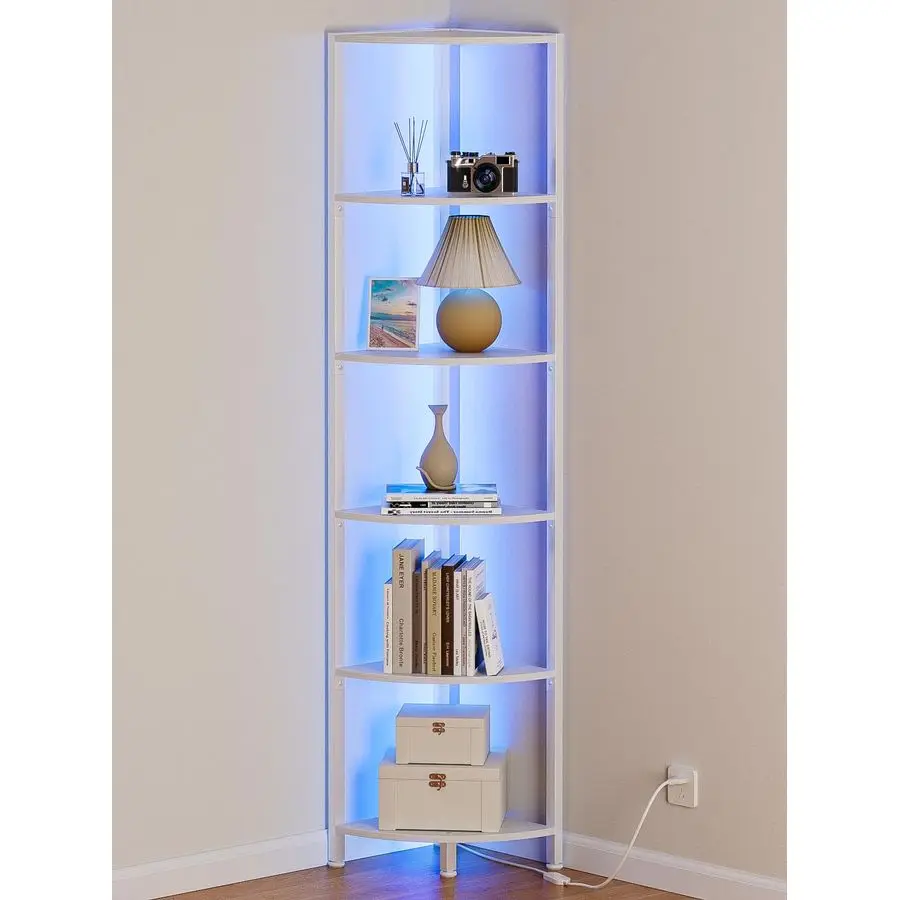 

6 Tier Corner Shelf with LED Light, 67.5 Tall Standing Shelf Organizer, White Narrow Bookshelf with Storage Rack fo Customizable