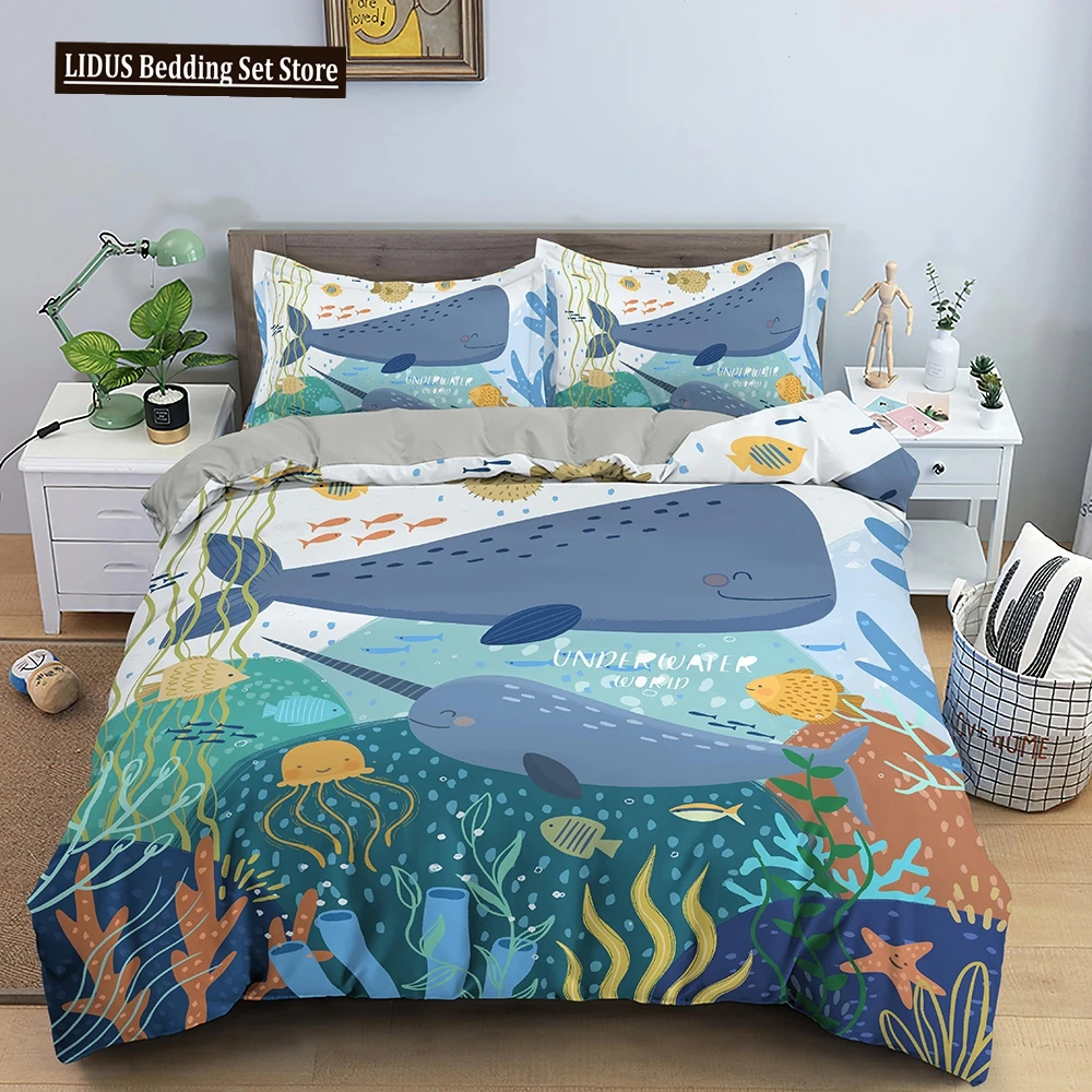 

Cartoon Underwater World Sea Animals Bedding Set Boys Girls Twin Queen Size Duvet Cover Pillowcase Bed Kids Adult