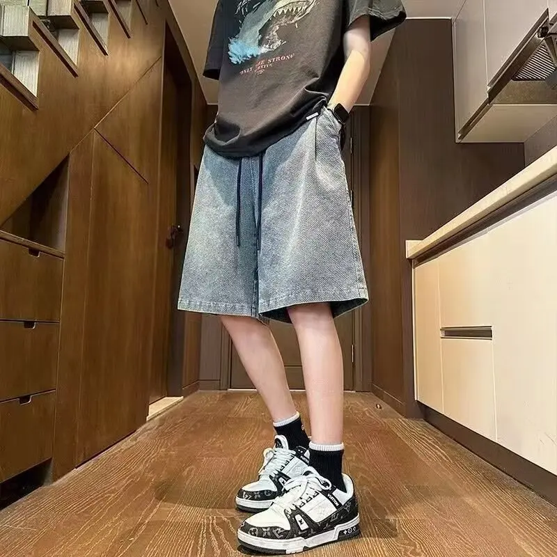 

Винтажные джинсовые шорты Instagram в гонконгском стиле для мужской летней одежды, больших размеров, модные и пухлые, свободные и повседневные.