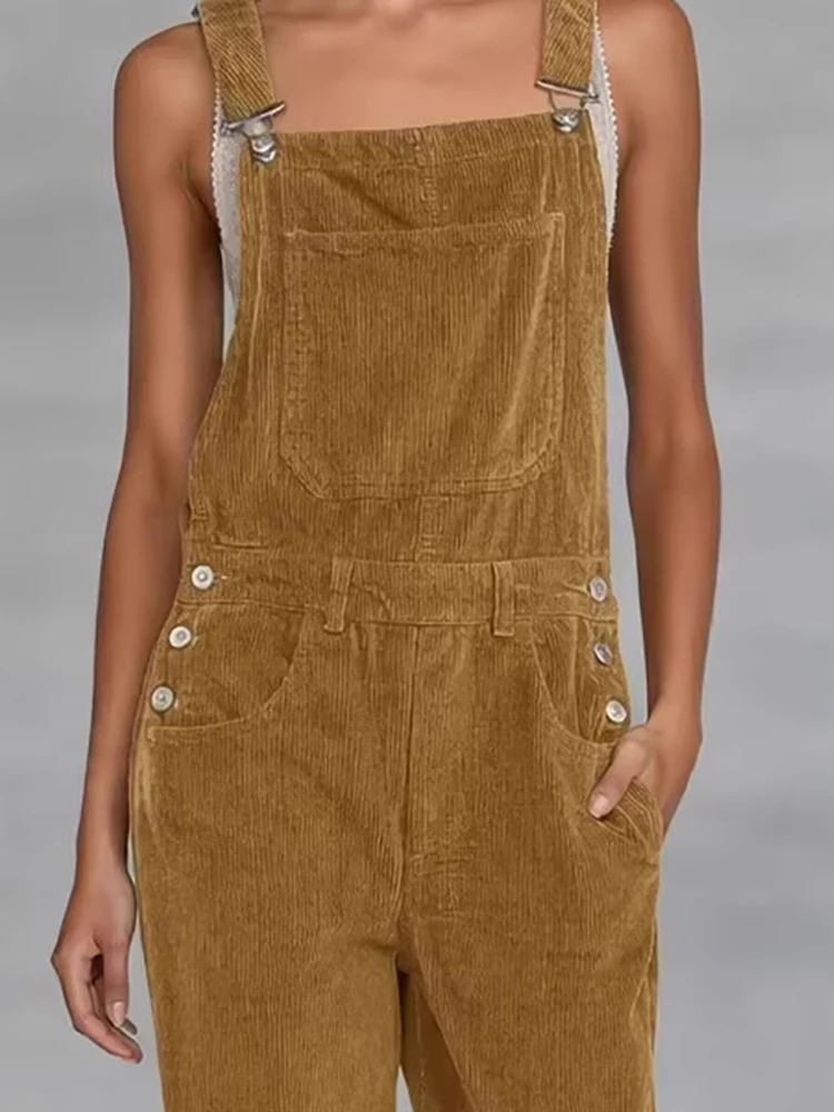 

Corduroy Solid High Waisted Straight Romper Casual Pocket Hollow Out Streetwear Playsuit Spring Summer Camisole Women's Jumpsuit