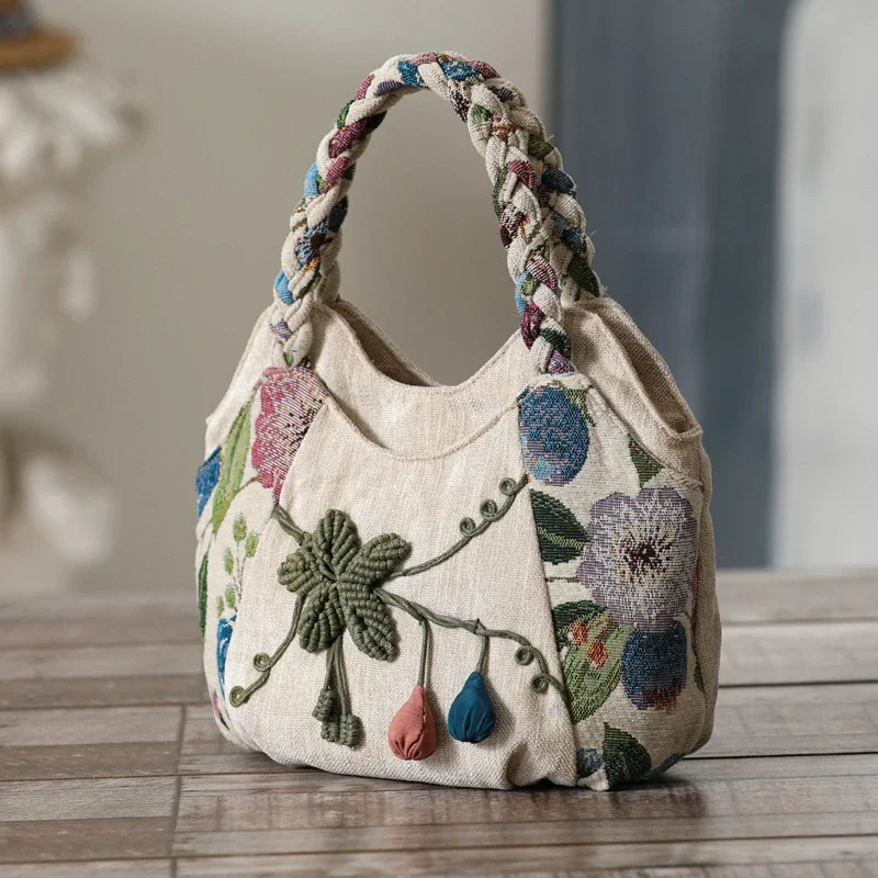 Ethnic Style Handwoven Canvas Bag, Multi-compartment Tote Bag, Casual Multi-layer Handbag, Zipper Cloth Bag for Women