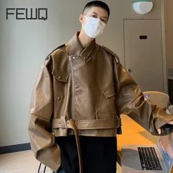 FEWQ Men's Pu Leather Jacket American Short Coat 2023 Solid Color New Fashion Streetwear Vintage Male Belt Design Tops 24X1816