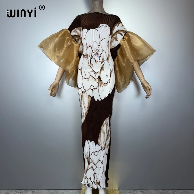 

WINYI Bubble sleeve pleated dress beach cover up boho kaftan abaya dubai luxury party dress long down muslim woman evening dress