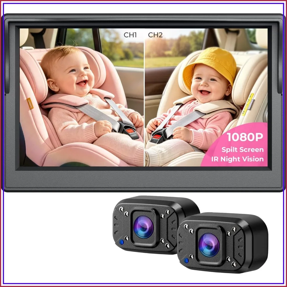 

Dual Baby Car Camera for 2 Kids 1080P HD & Night Vision 360° Rotation 150° Wide View Rear Facing Car Seat Monitor for Cars SUVs Trucks