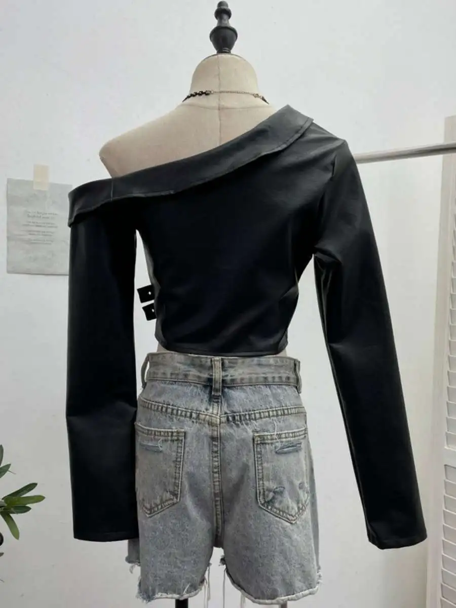 Sexy ort Leather Jaet Women's Cool Slanted oulder Biker Sle Zipper Irregular  Coat Long Sve Adult Outerwear