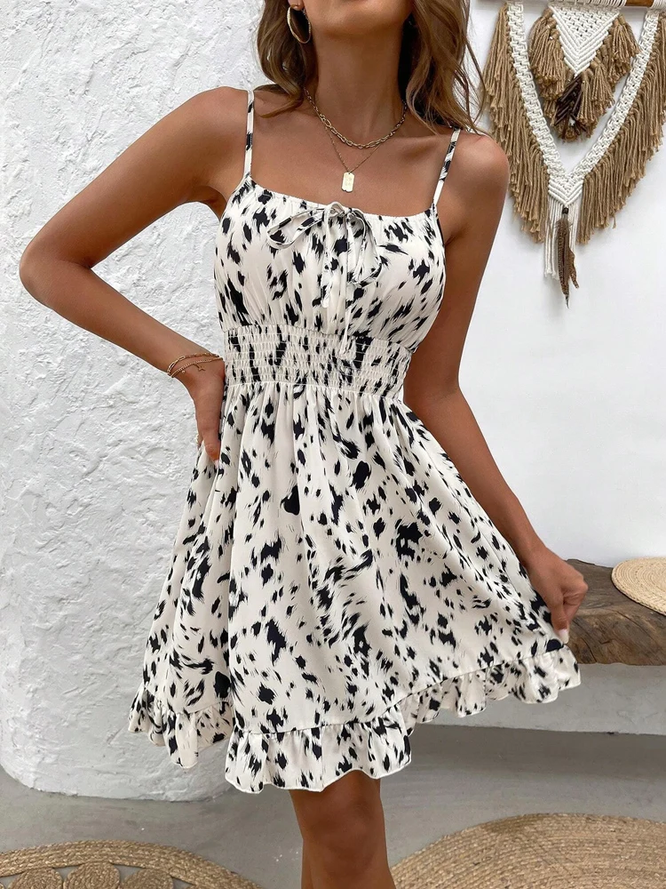 Abito con volant con cinturino per spaghetti con stampa leopardata da donna nuova estate casual, mini abiti da donna sexy, vestito estivo corto Boho a-line per le vacanze