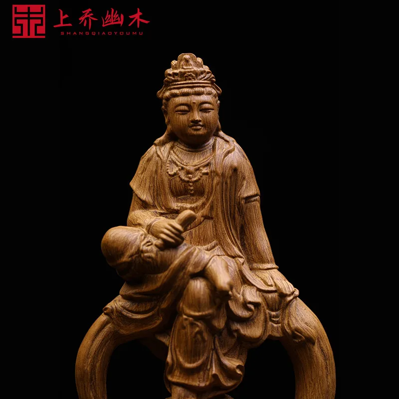 Buddha statue, agarwood, wood carving, book-holding Guanyin figure, home Buddhist temple, carving decoration, Hainan handicraft