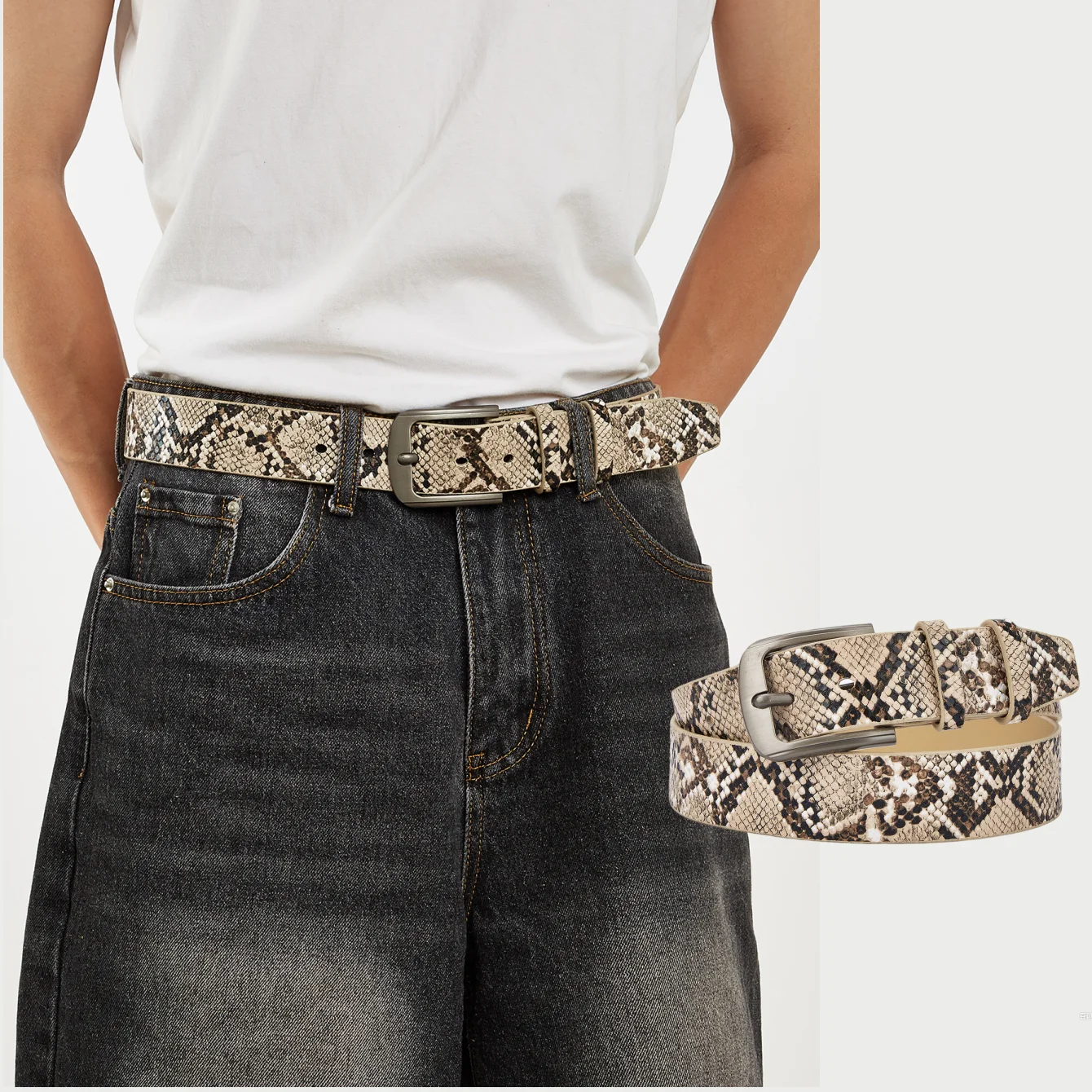 1pc men's snake print western style casual belt, a versatile decorative belt for jeans